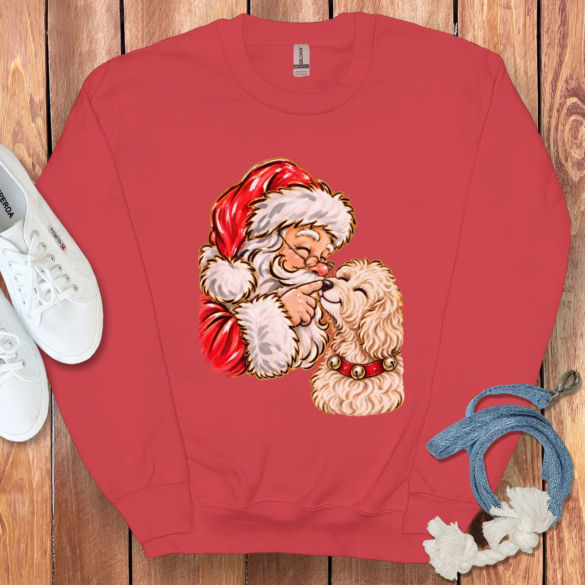 Cream Goldendoodle Santa Kiss Sweatshirt in Red / S by Puppy Jo