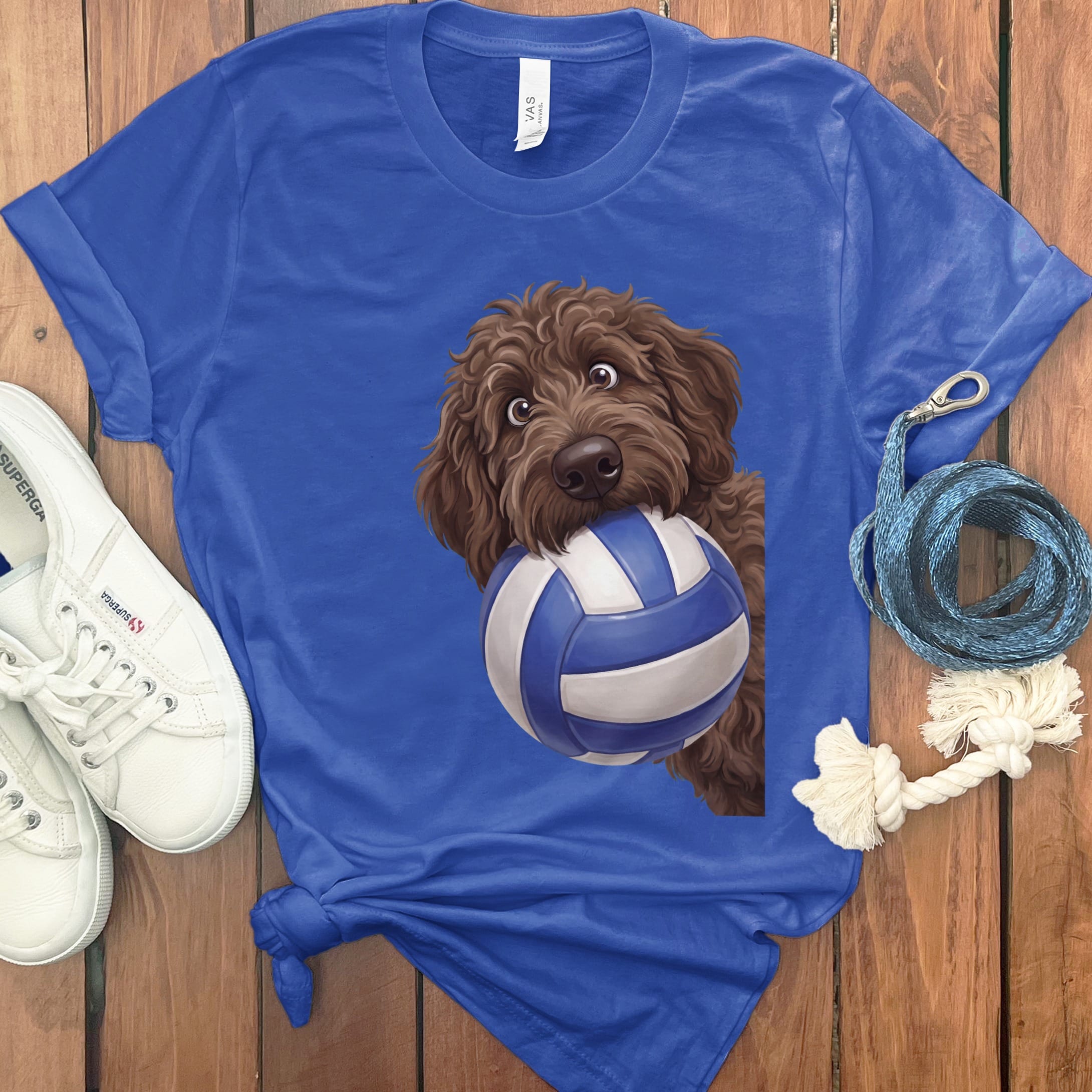 Chocolate Goldendoodle Volleyball T-Shirt in True Royal / S by Puppy Jo