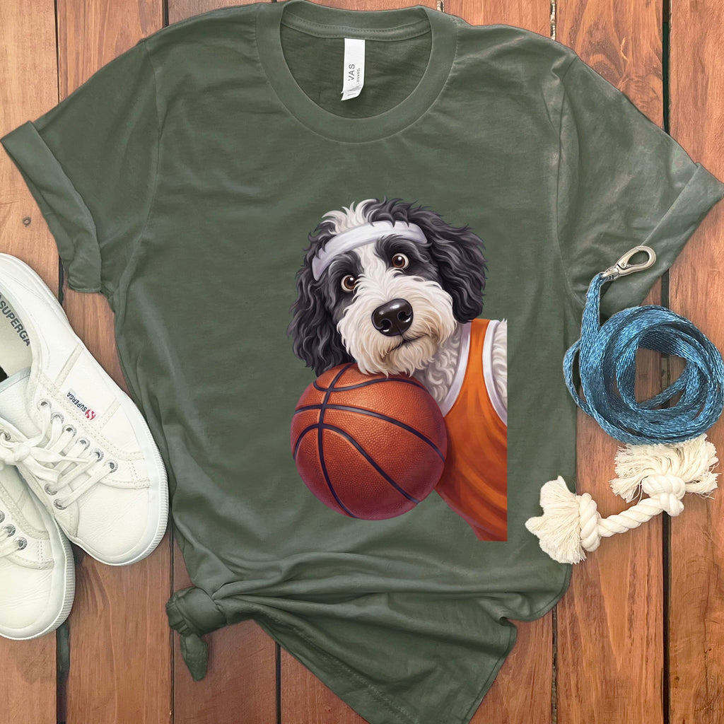 Sheepadoodle Basketball Player T-Shirt in Military Green / S by Puppy Jo