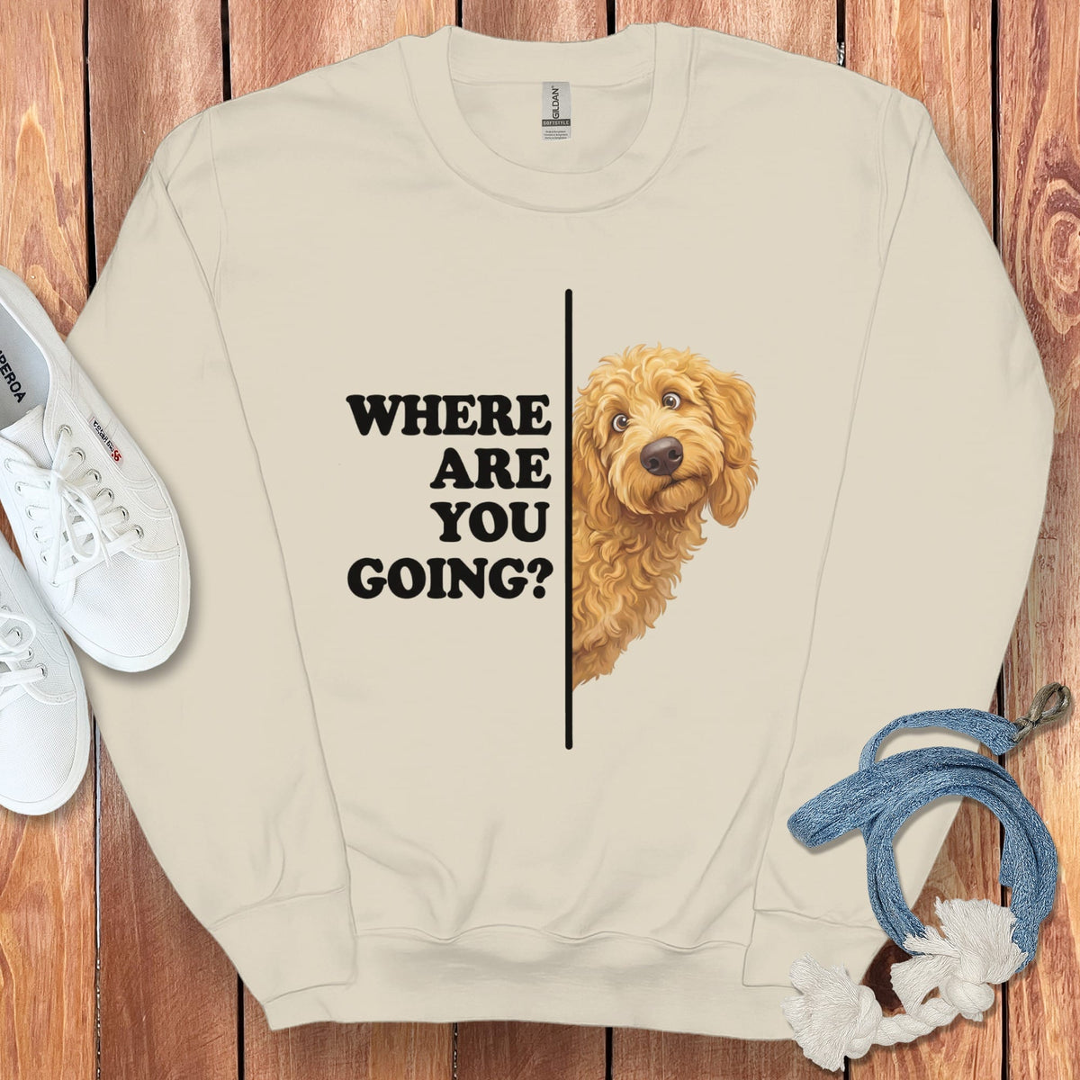 Where Going Apricot Goldendoodle Sweatshirt in Sand / S by Puppy Jo