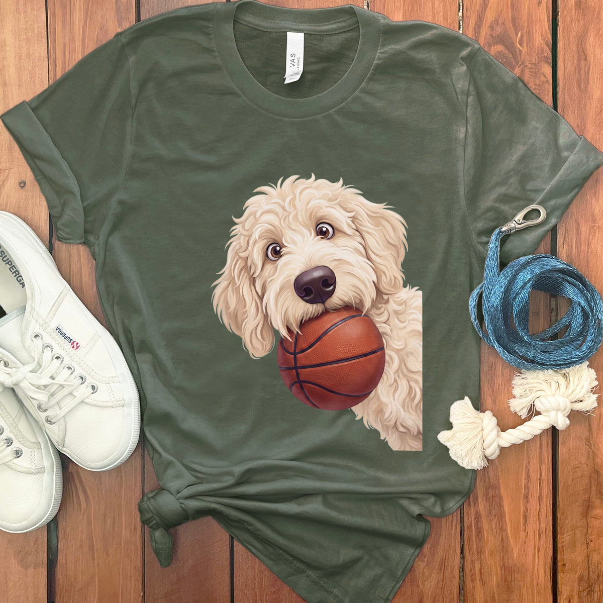 Cream Goldendoodle Basketball T-Shirt in Military Green / S by Puppy Jo