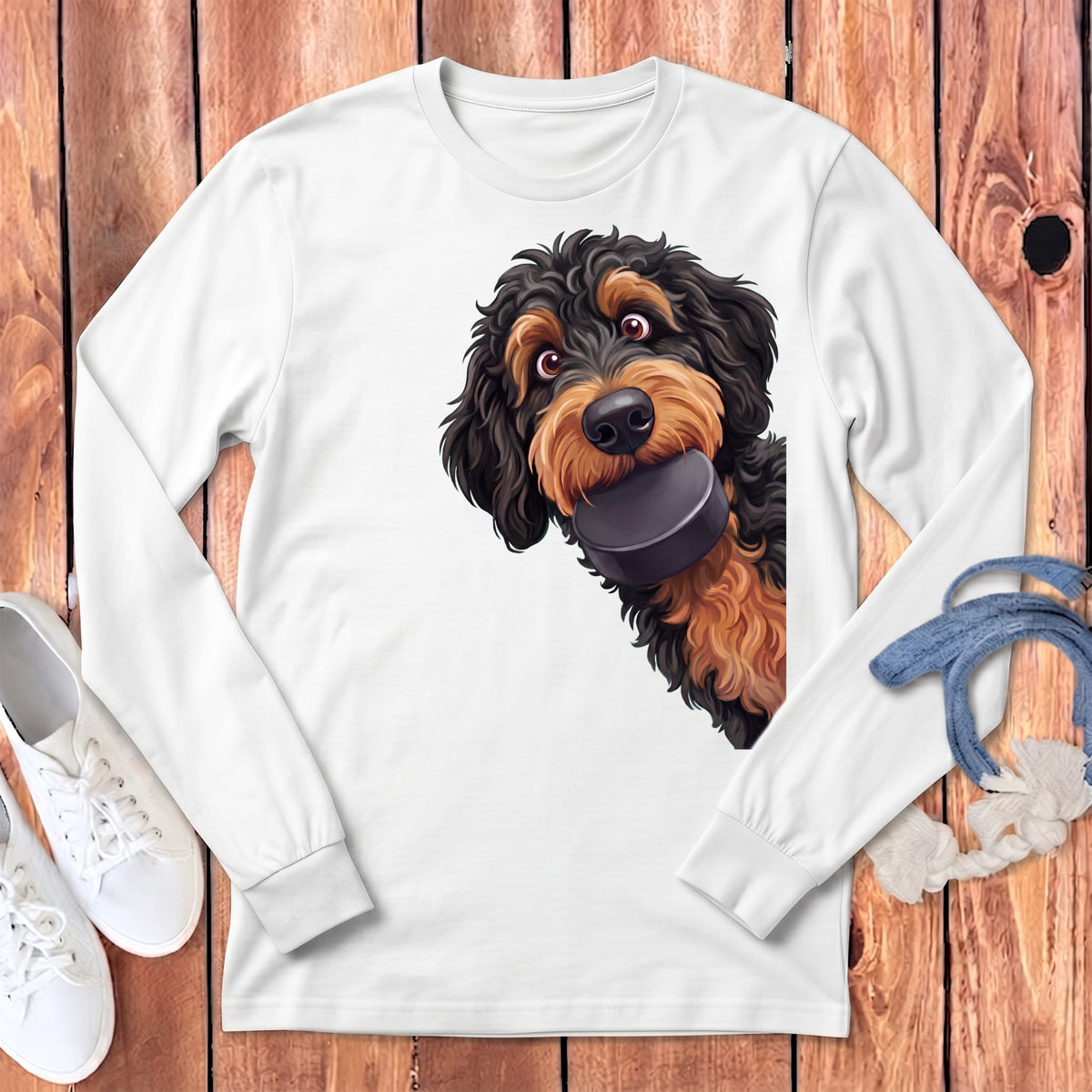 Phantom Goldendoodle Hockey Puck Long Sleeve T-Shirt in White / S by Puppy Jo