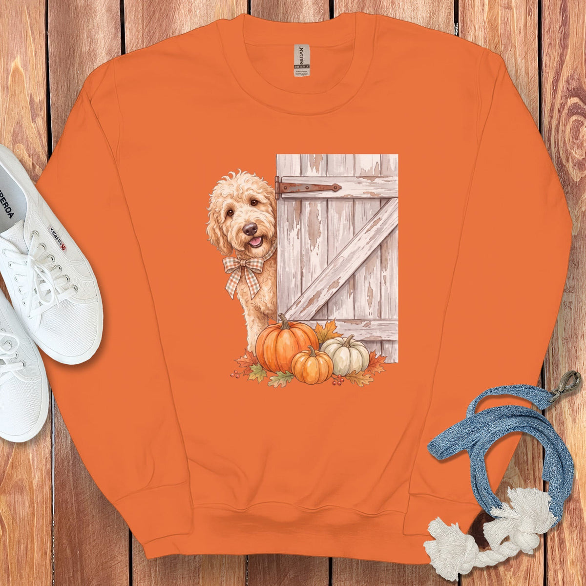 Cream Goldendoodle Barn Peeking Sweatshirt in Orange / S by Puppy Jo