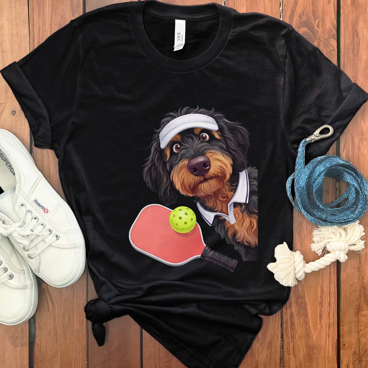 Phantom Goldendoodle Pickleball Player T-Shirt in Black / S by Puppy Jo