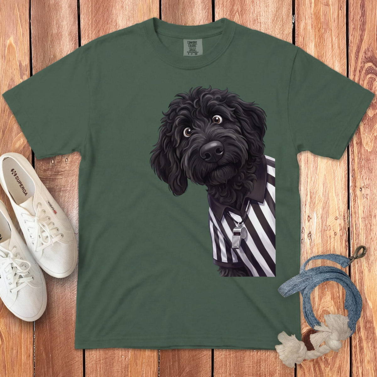 Black Goldendoodle Football Referee Signature T-Shirt in Blue Spruce / S by Puppy Jo