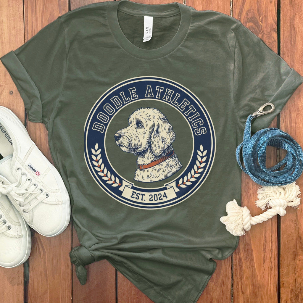 Doodle Athletics Est. 2024 t-shirt with dog graphic