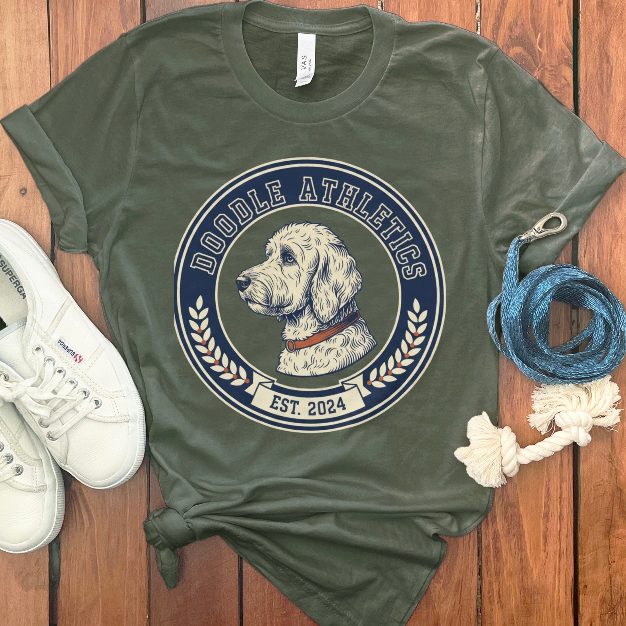 Doodle Athletics Est. 2024 t-shirt with dog graphic