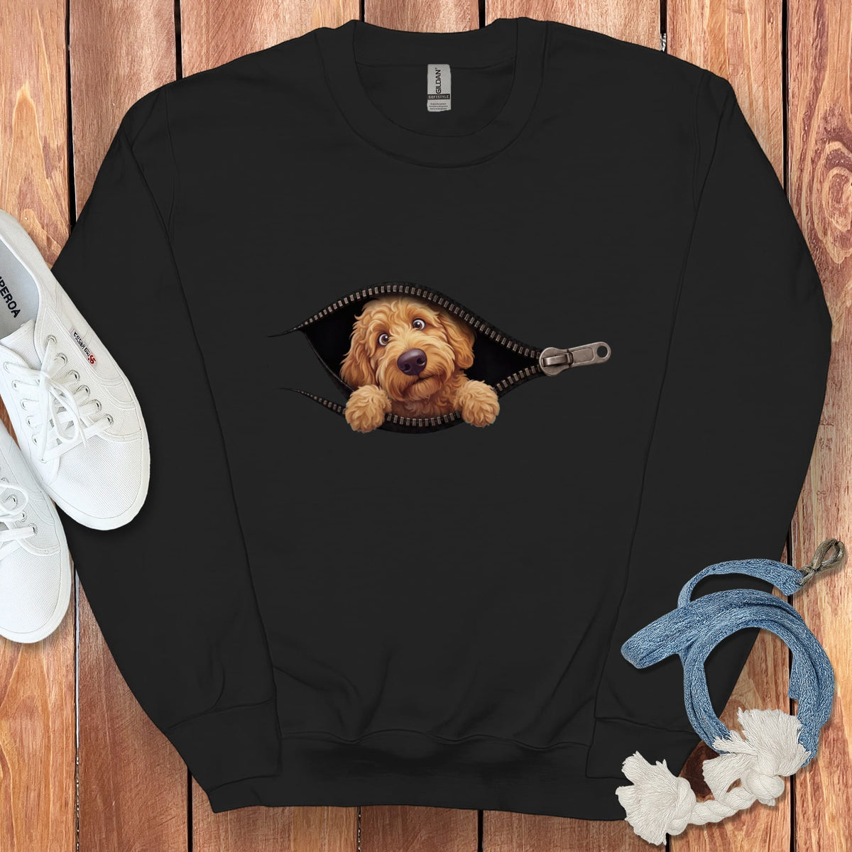 Apricot Goldendoodle Peeking Zipper Sweatshirt in Black / S by Puppy Jo