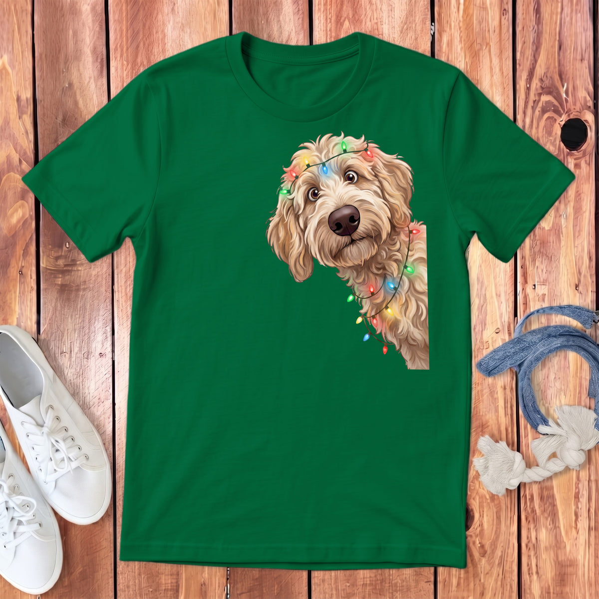 Green t-shirt with a cartoon goldendoodle wearing colorful Christmas lights