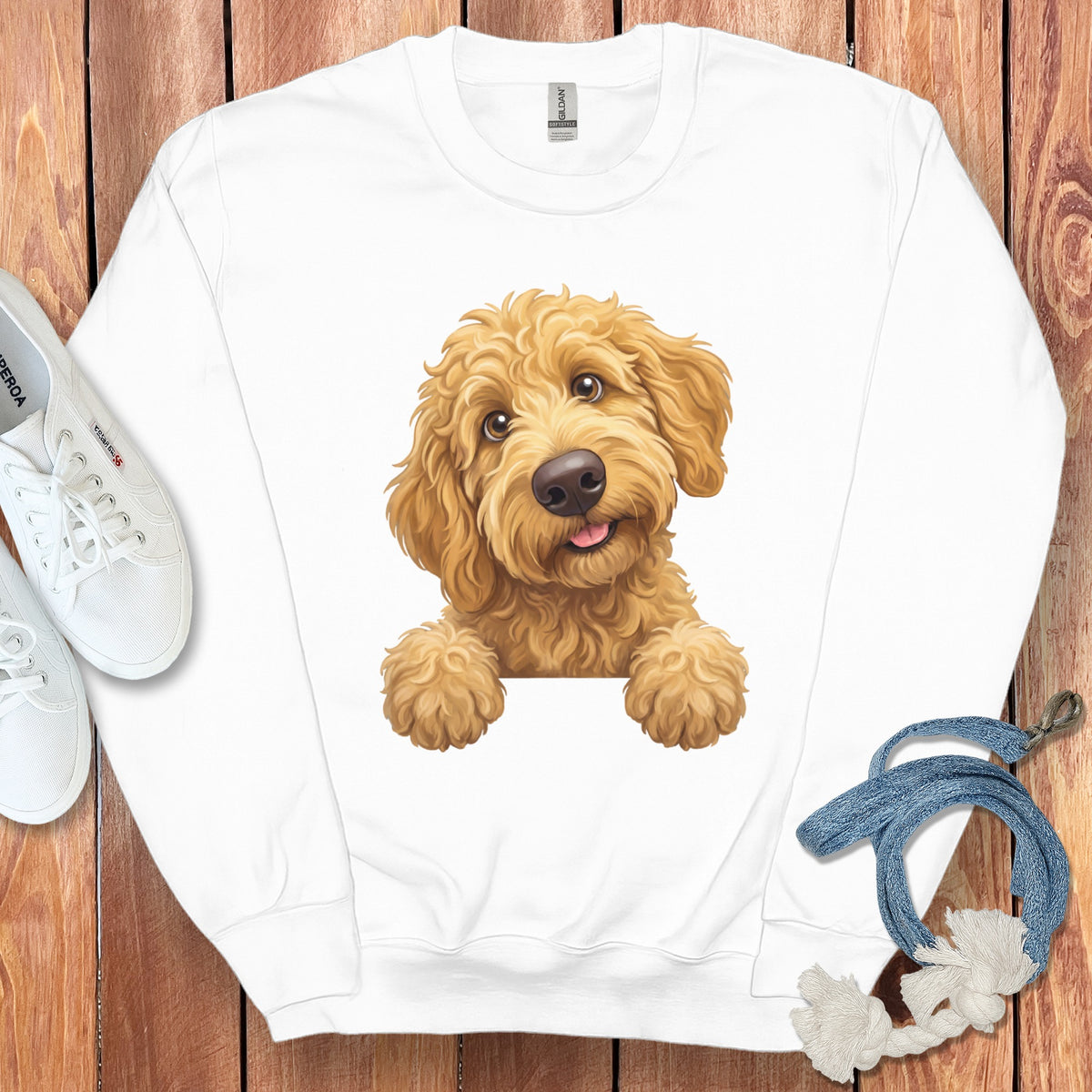 White crewneck sweatshirt with a goldendoodle puppy design on the front.