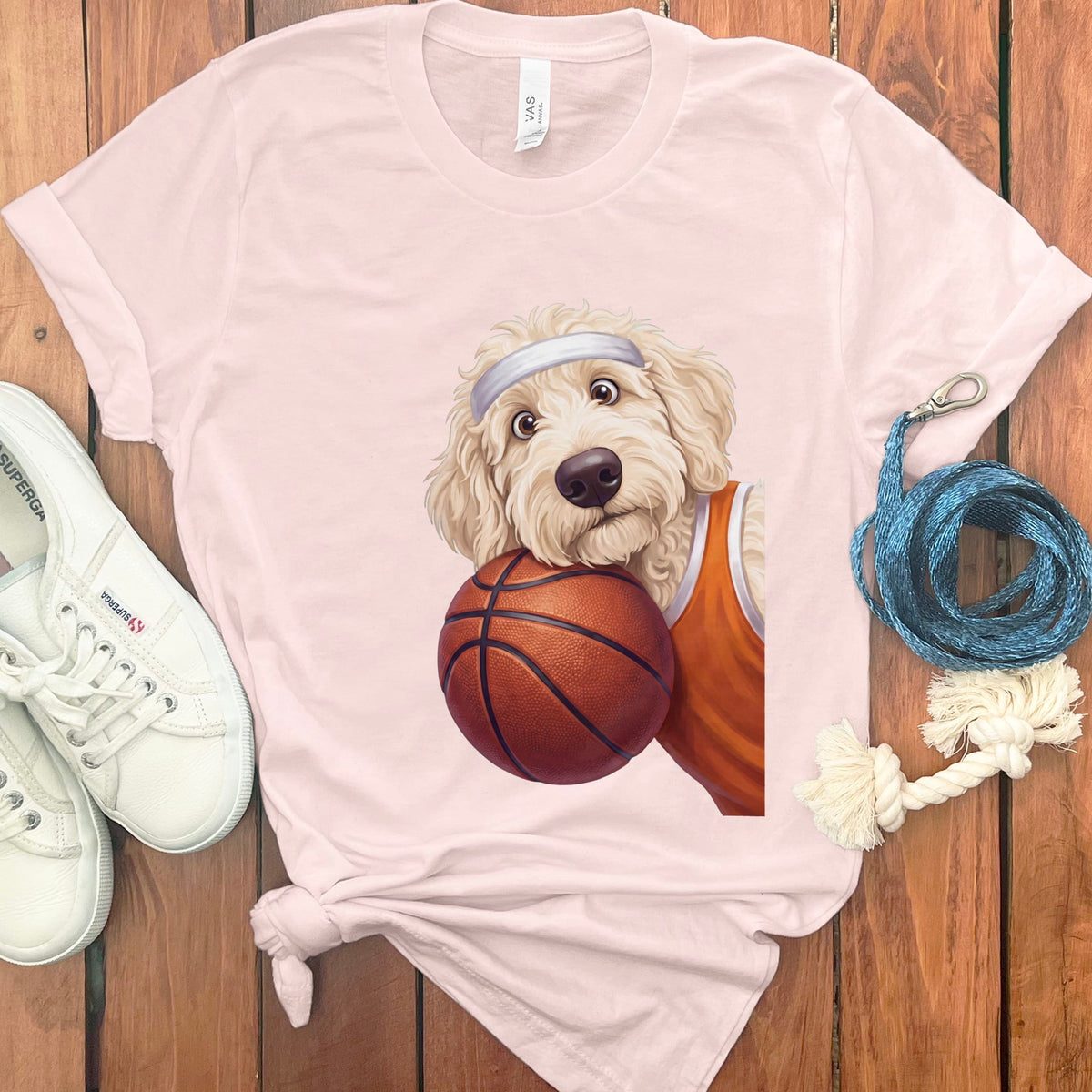 Cream Goldendoodle Basketball Player T-Shirt in Soft Pink / S by Puppy Jo