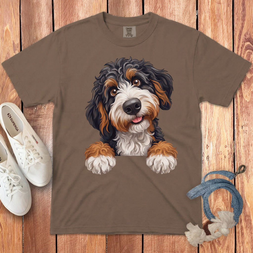 Brown t-shirt with a watercolor Bernese Mountain Dog graphic and Superga sneakers.