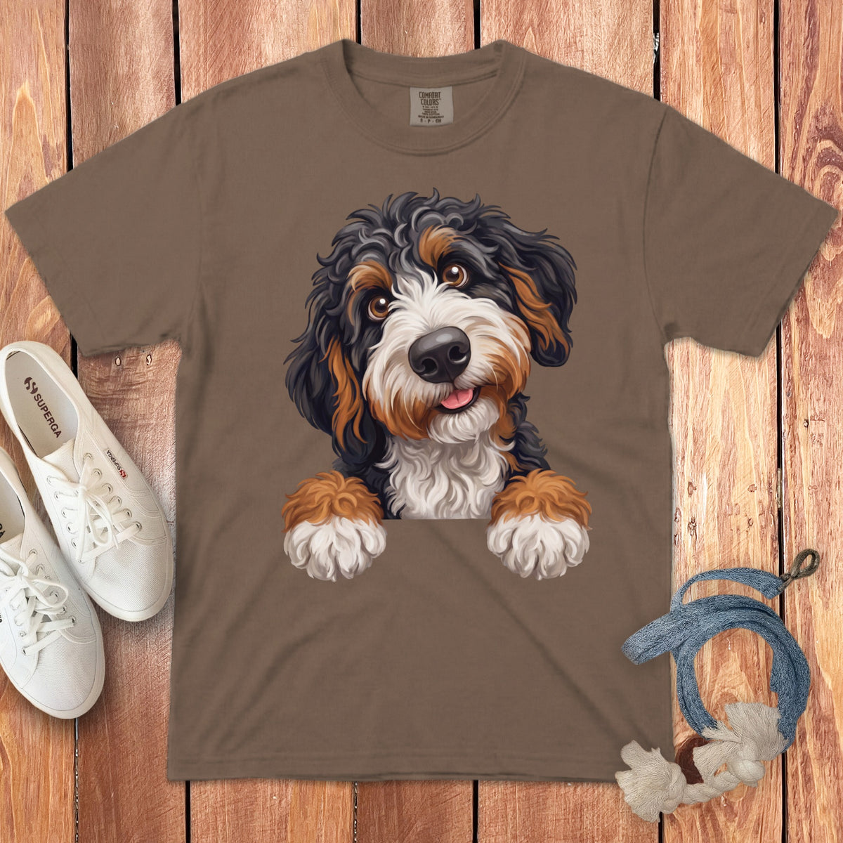 Brown t-shirt with a watercolor Bernese Mountain Dog graphic and Superga sneakers.