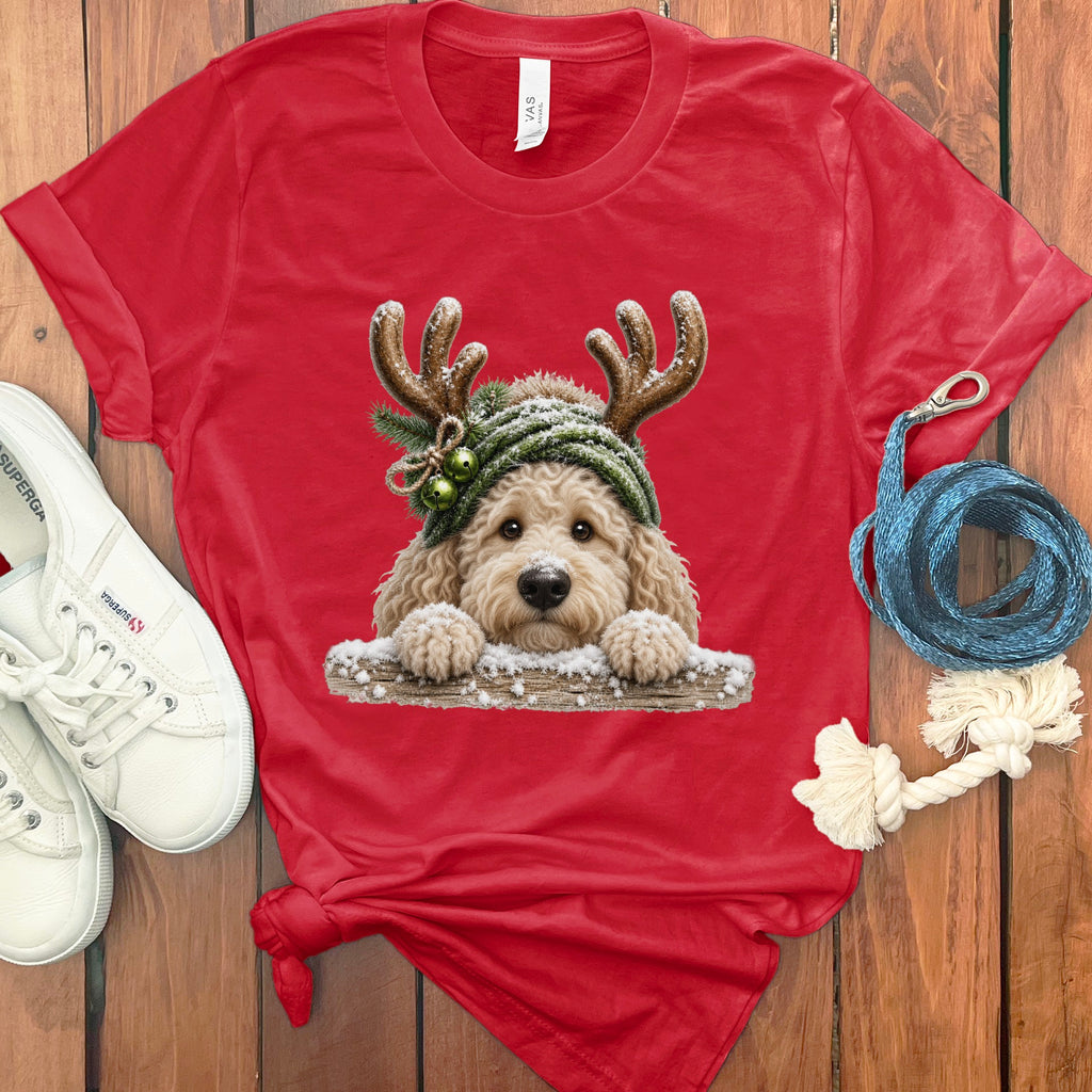 Red t-shirt with a doodle wearing reindeer antlers and a green beanie.