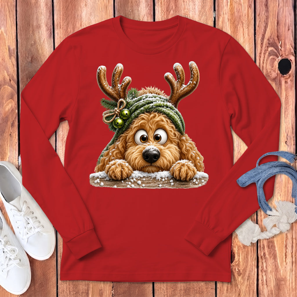 Red long-sleeve shirt with a fluffy dog wearing reindeer antlers and a knit hat.