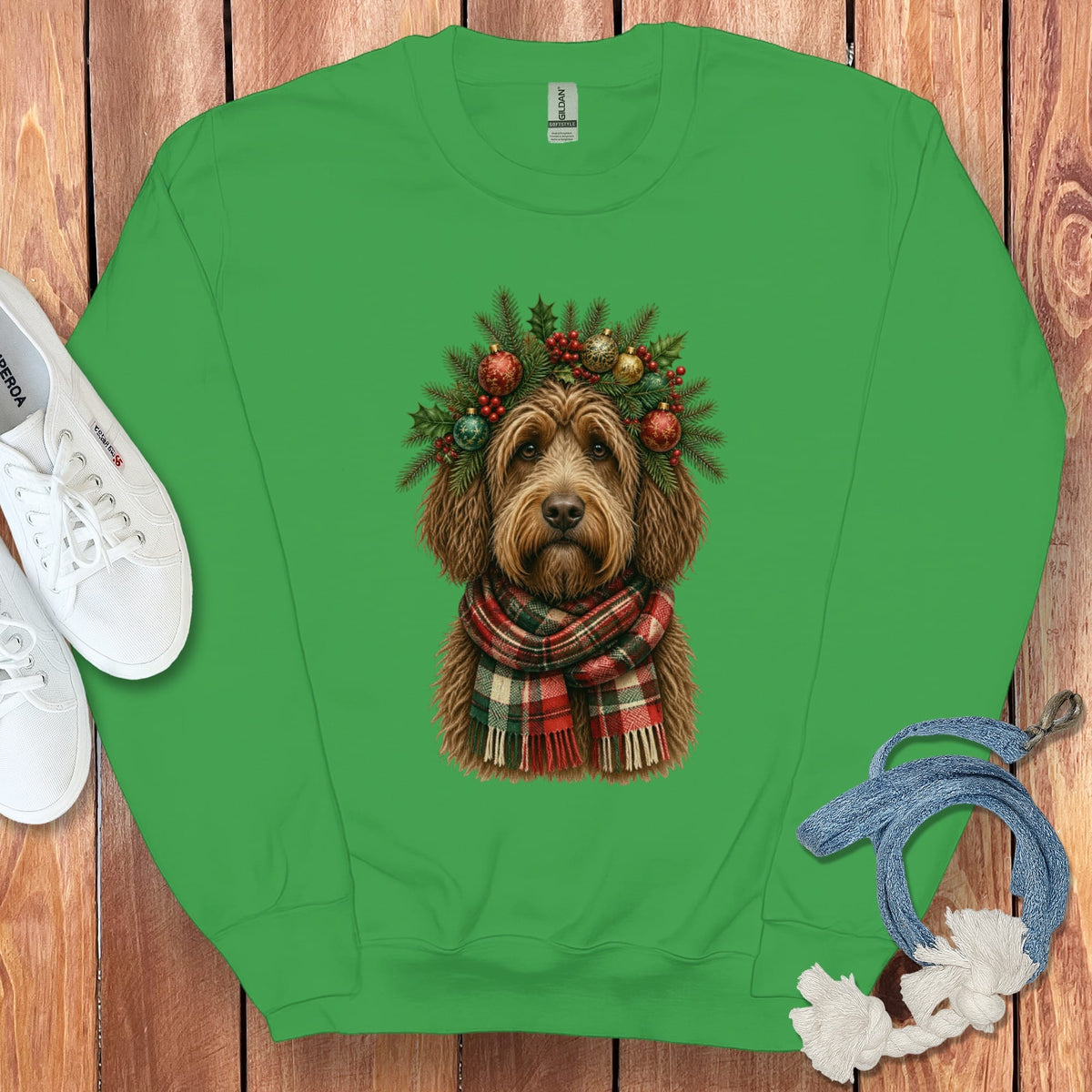 Chocolate Goldendoodle Holiday Crown Sweatshirt in Irish Green / S by Puppy Jo