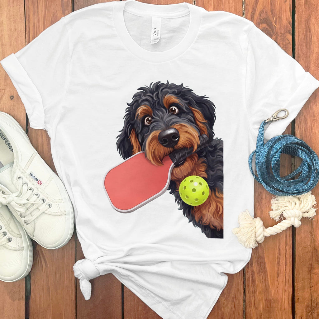 Phantom Goldendoodle Pickleball T-Shirt in White / S by Puppy Jo