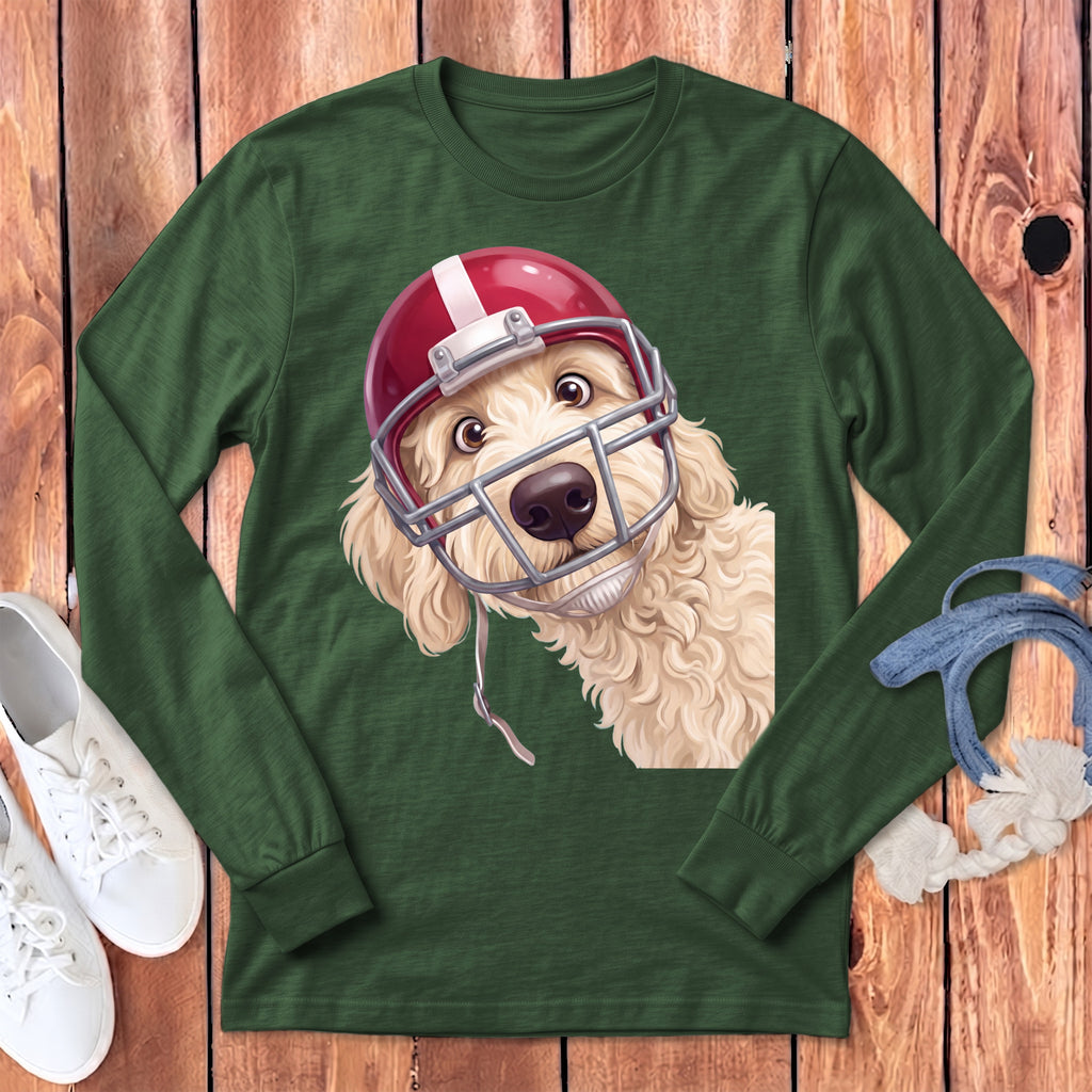 Green long-sleeve shirt with a cartoon dog wearing a football helmet.