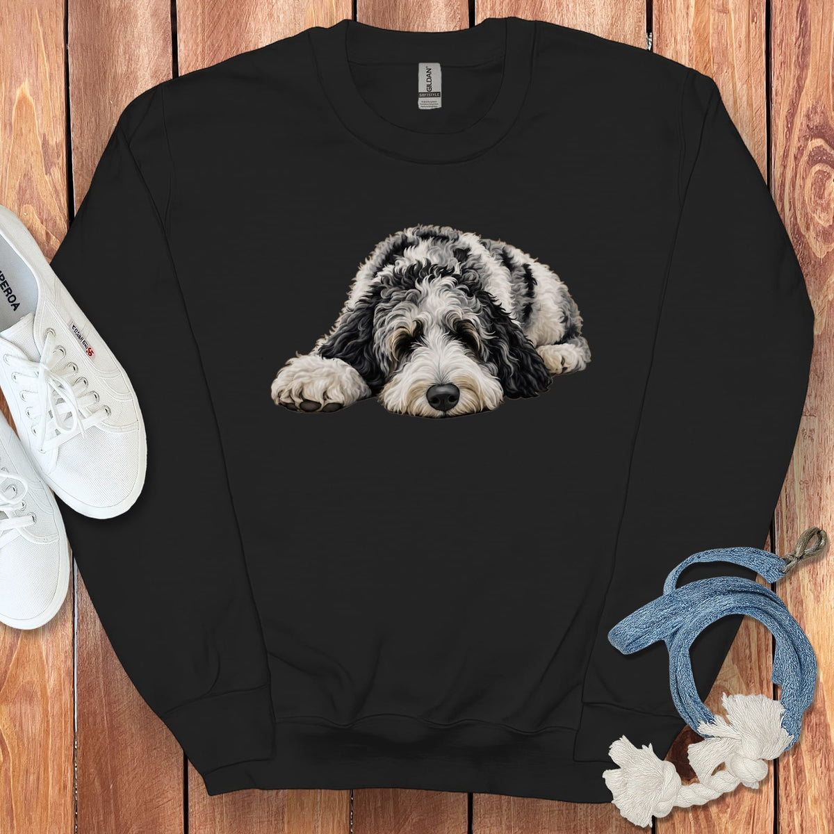 Merle Goldendoodle Snoozing Sweatshirt in Black / S by Puppy Jo