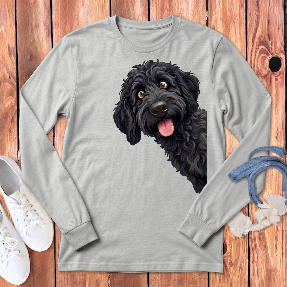 Light grey long-sleeve shirt with a happy black dog illustration on the chest.