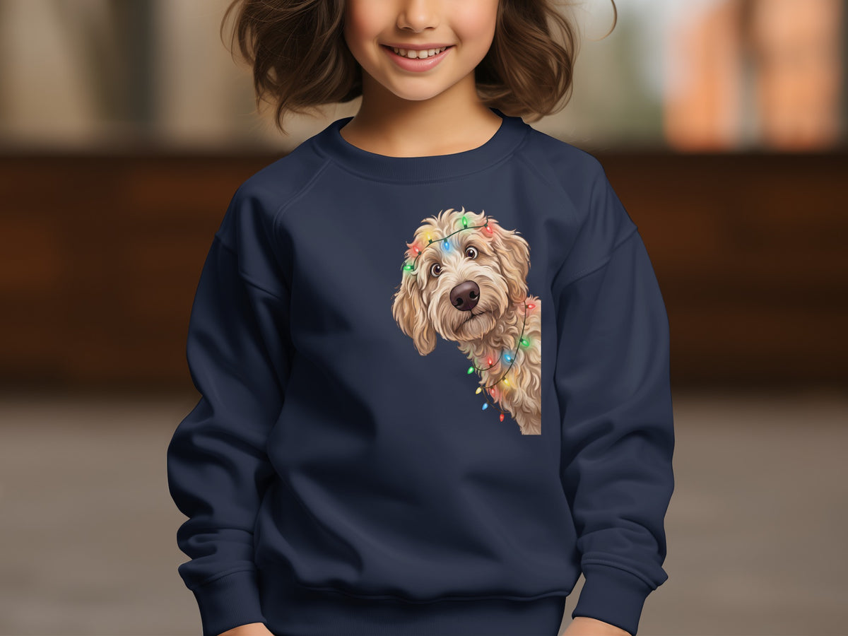 Navy sweatshirt featuring a cartoon doodle dog wearing colorful Christmas lights.