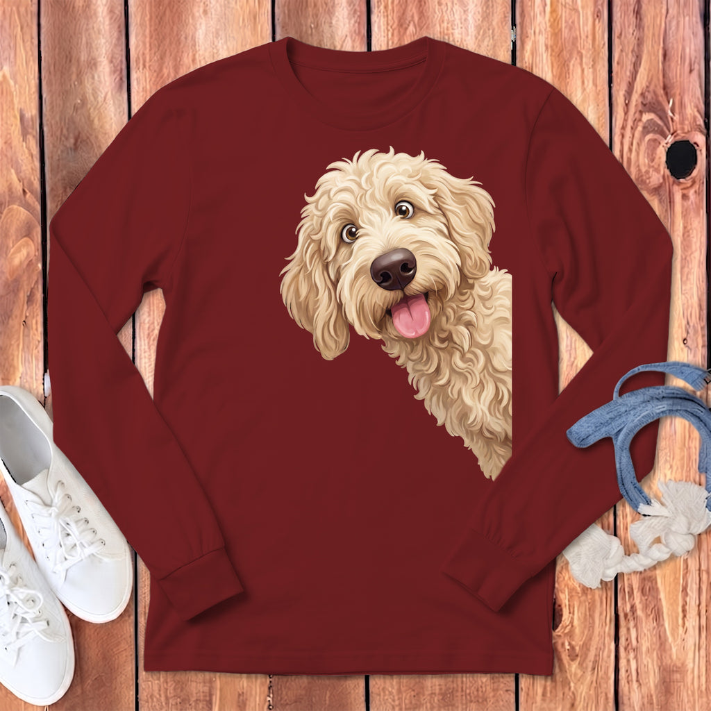 Long sleeve shirt with a goldendoodle dog design peeking from the side.