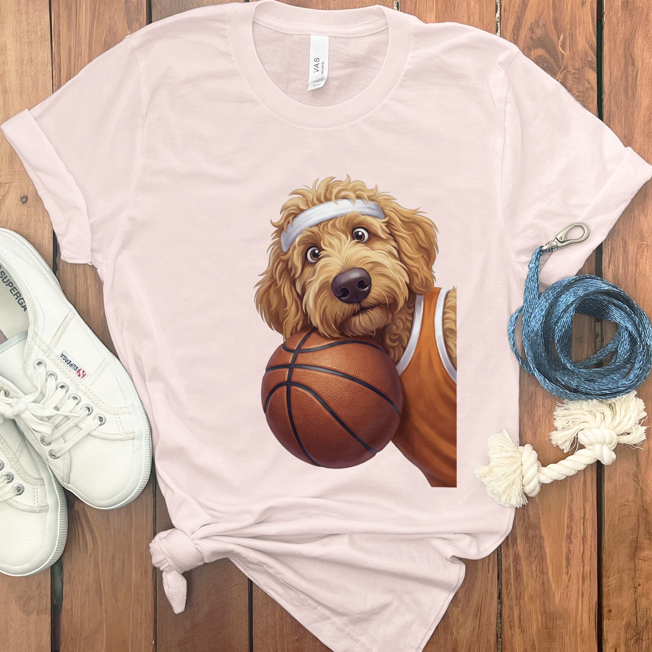 Apricot Goldendoodle Basketball Player T-Shirt in Soft Pink / S by Puppy Jo