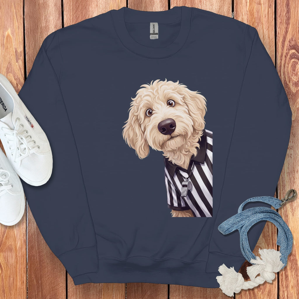 Navy crewneck sweatshirt with a cartoon doodle dog wearing a referee shirt and whistle.