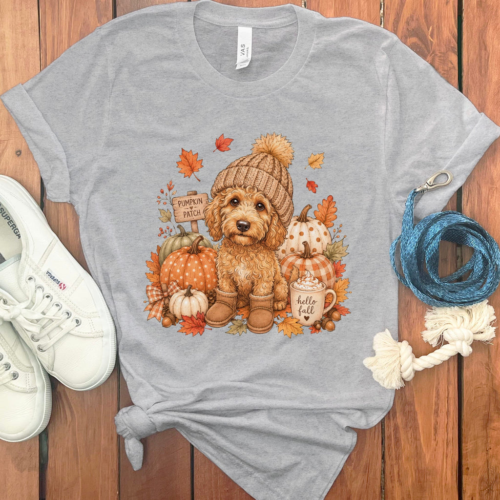 Apricot Goldendoodle Pumpkin Patch T-Shirt in Athletic Heather / S by Puppy Jo