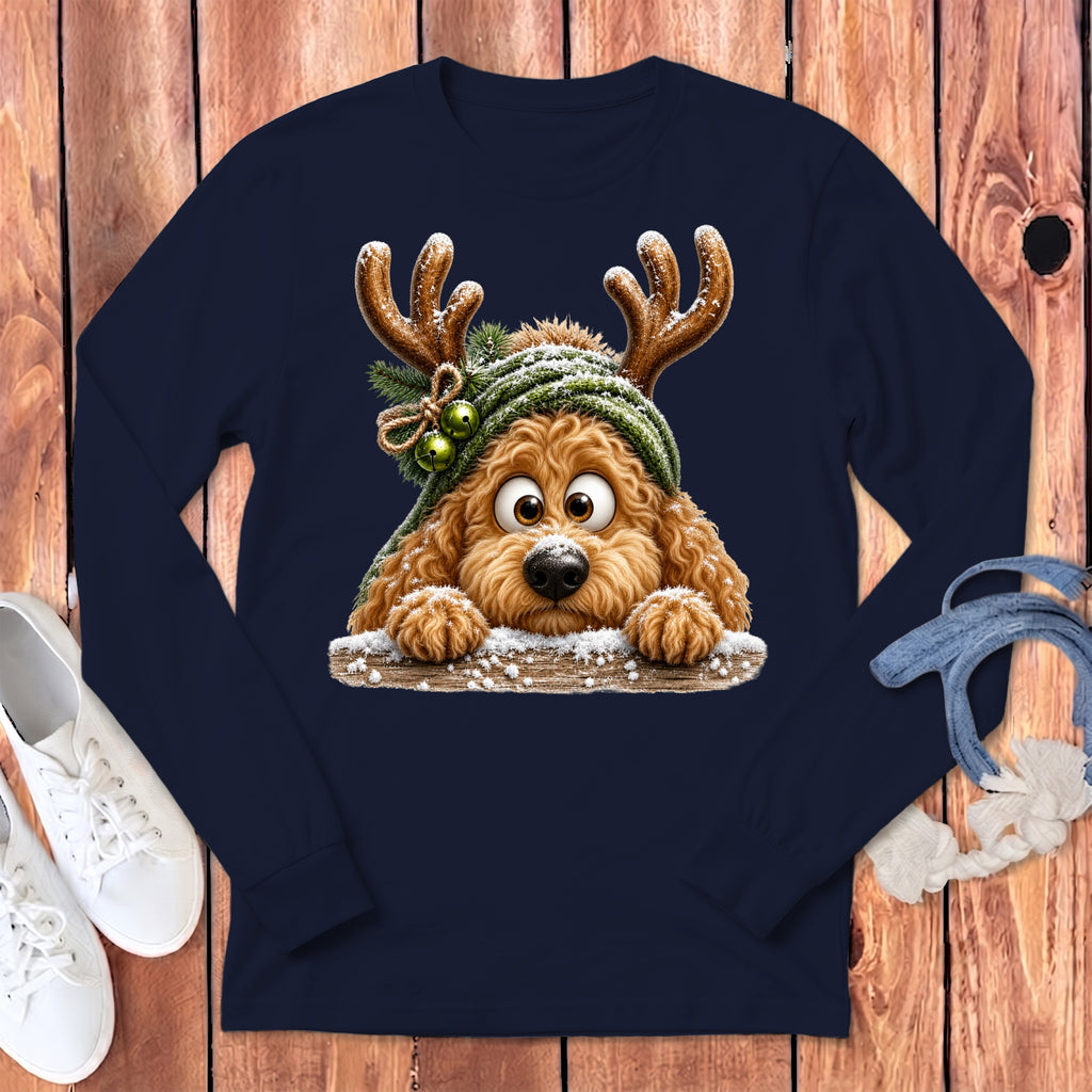 Navy long sleeve shirt with a cartoon dog wearing reindeer antlers and a hat.