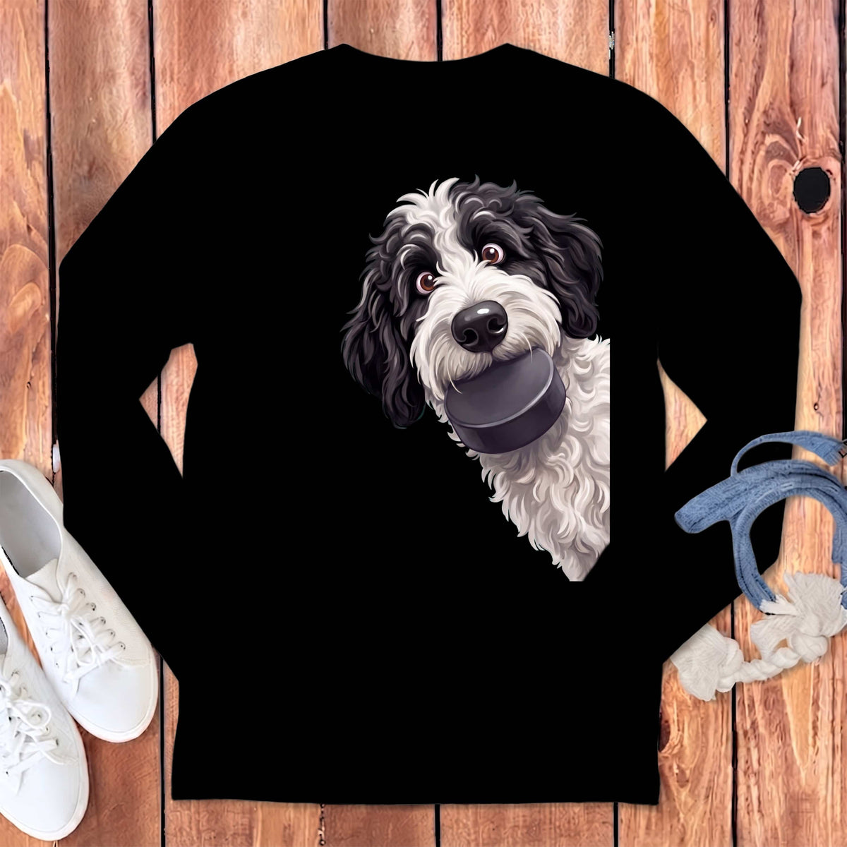 Sheepadoodle Hockey Puck Long Sleeve T-Shirt in Black / S by Puppy Jo