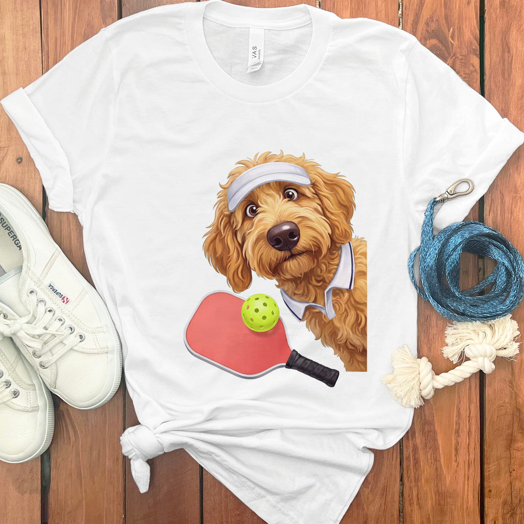Golden Goldendoodle Pickleball Player T-Shirt in White / S by Puppy Jo