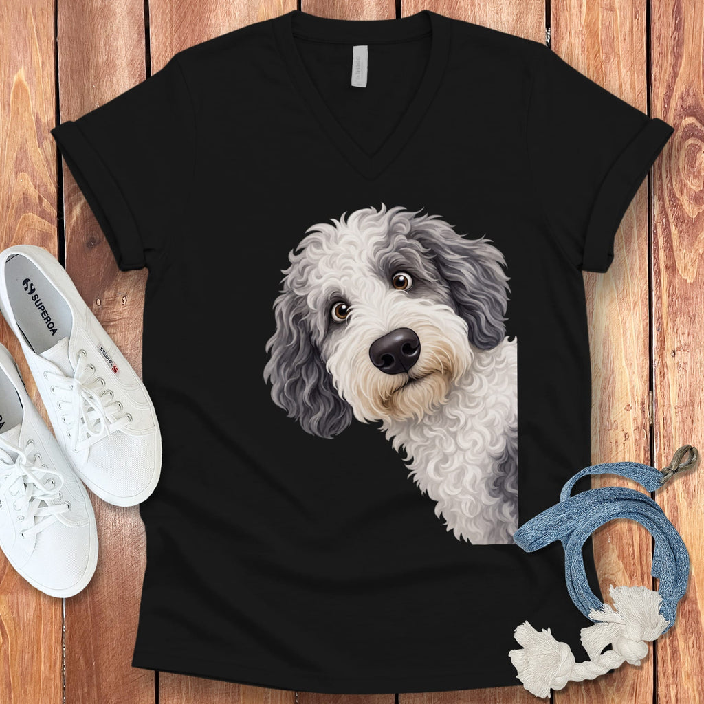 Funny Peeking Sheepadoodle V-Neck T-Shirt in Black / S by Puppy Jo