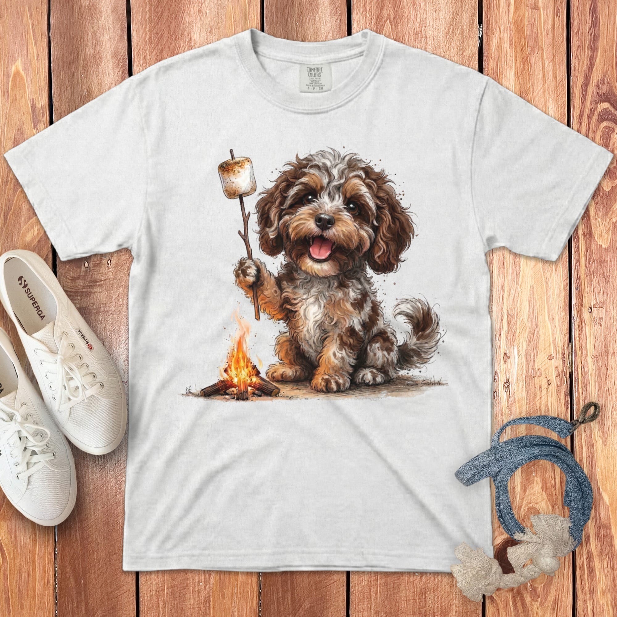 Campfire Aussiedoodle Signature T-Shirt in White / S by Puppy Jo