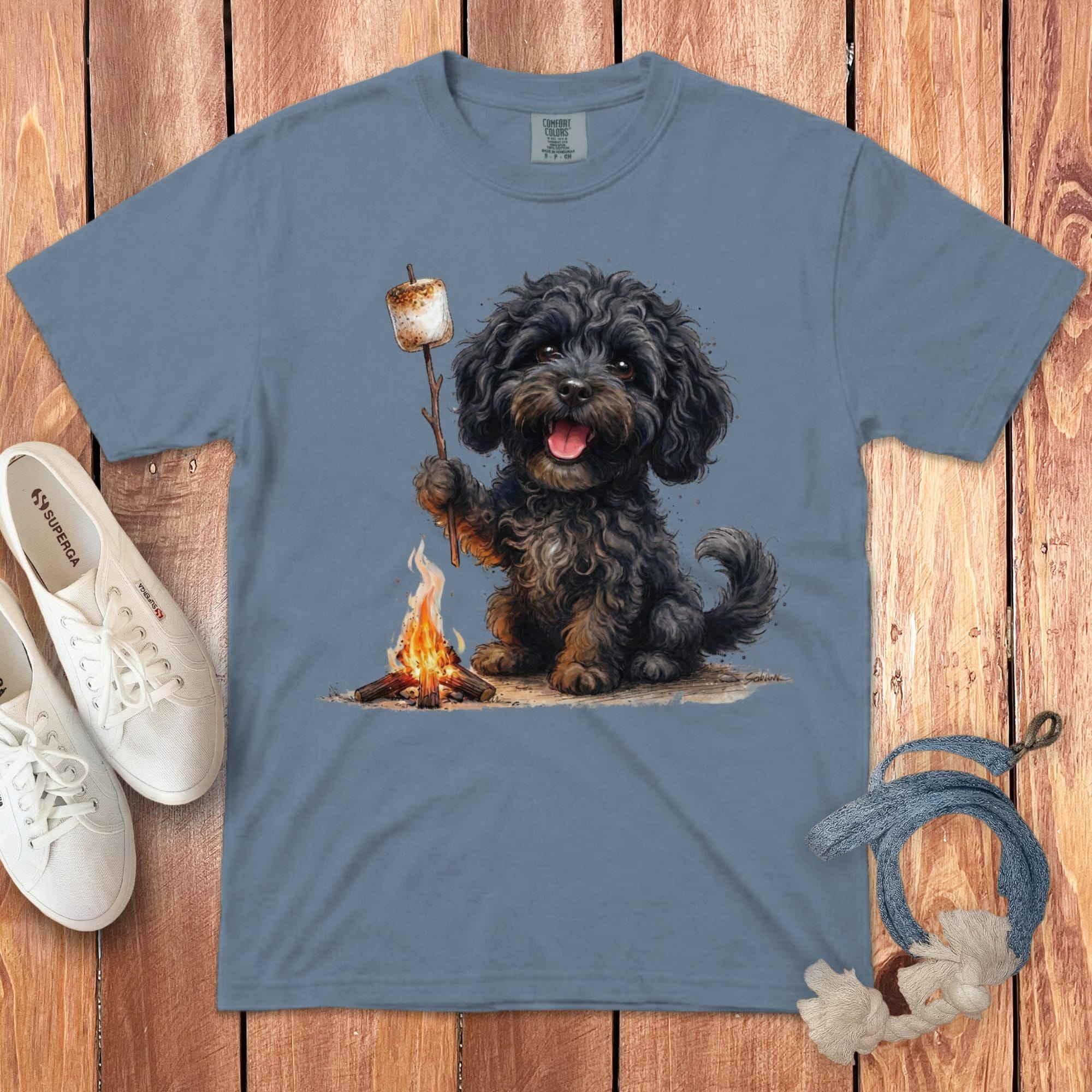 Campfire Black Doodle Signature T-Shirt in Blue Jean / S by Puppy Jo