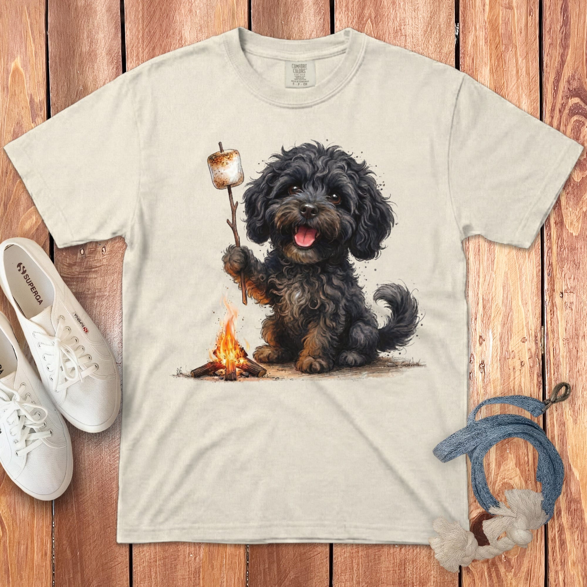 Campfire Black Doodle Signature T-Shirt in Ivory / S by Puppy Jo