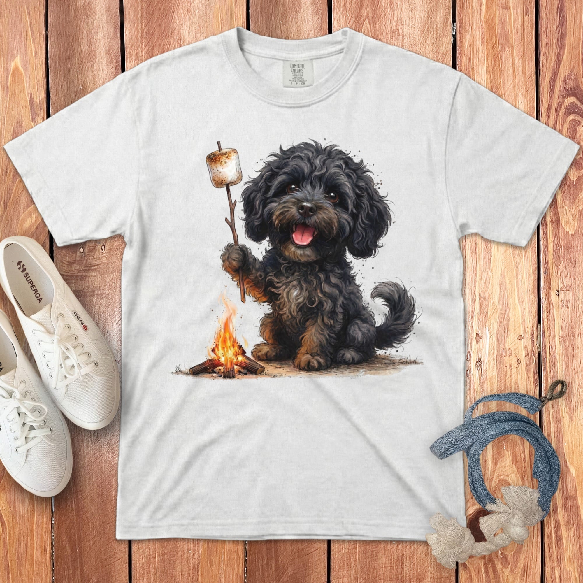 Campfire Black Doodle Signature T-Shirt in White / S by Puppy Jo