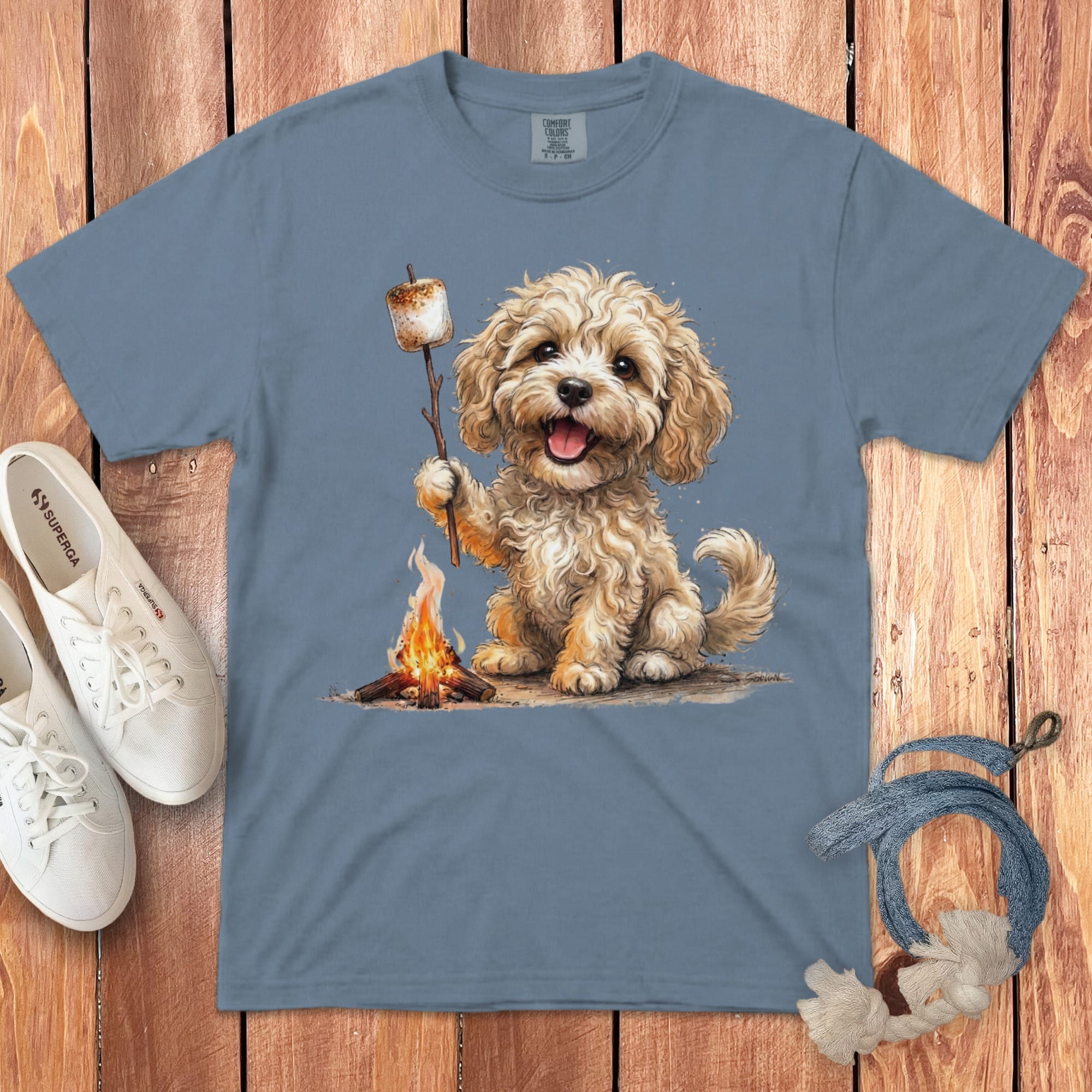 Campfire Cream Doodle Signature T-Shirt in Blue Jean / S by Puppy Jo
