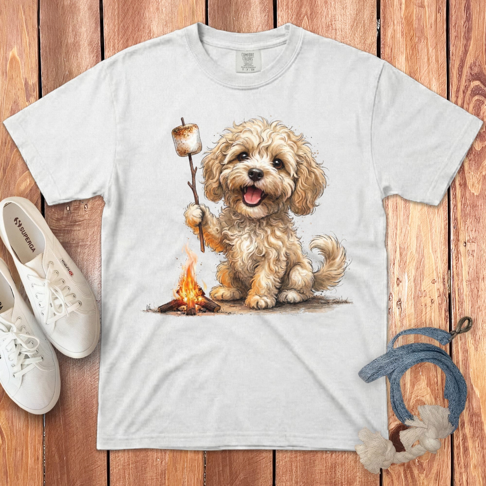 Campfire Cream Doodle Signature T-Shirt in White / S by Puppy Jo