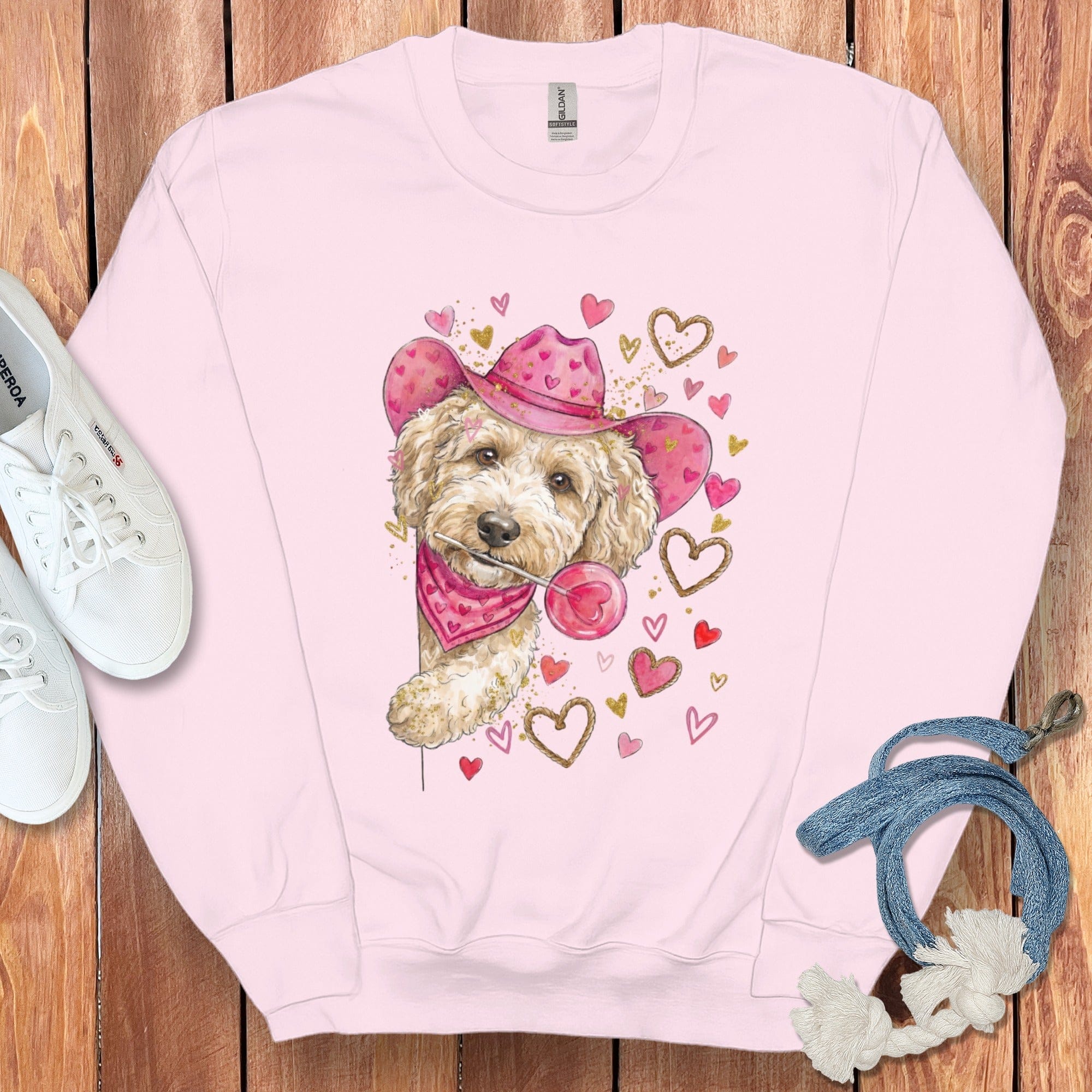 Cavapoo Cowboy Valentine Sweatshirt in Light Pink / S by Puppy Jo