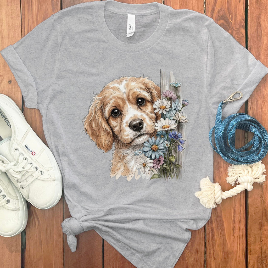 Cavapoo Daisy Peeking T-Shirt in Athletic Heather / S by Puppy Jo