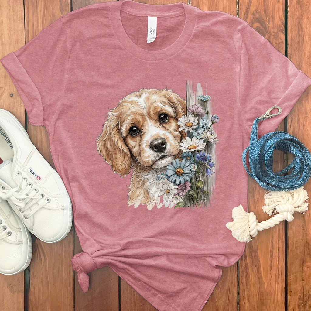 Cavapoo Daisy Peeking T-Shirt in Heather Mauve / S by Puppy Jo