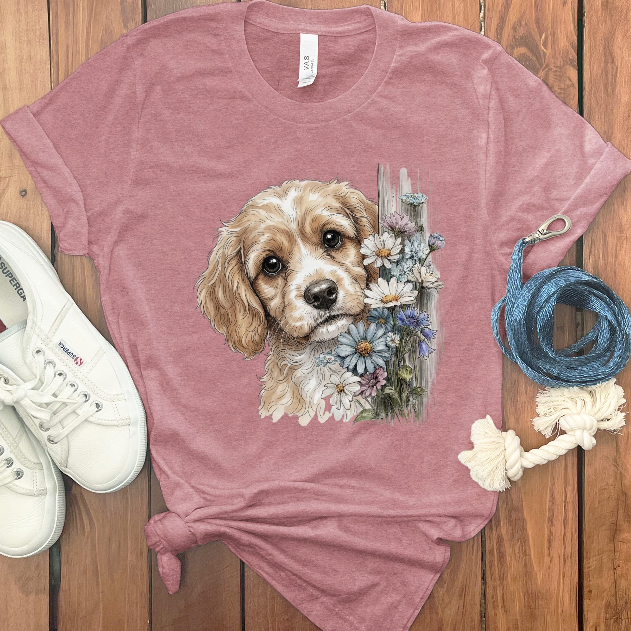 Cavapoo Daisy Peeking T-Shirt in Heather Mauve / S by Puppy Jo