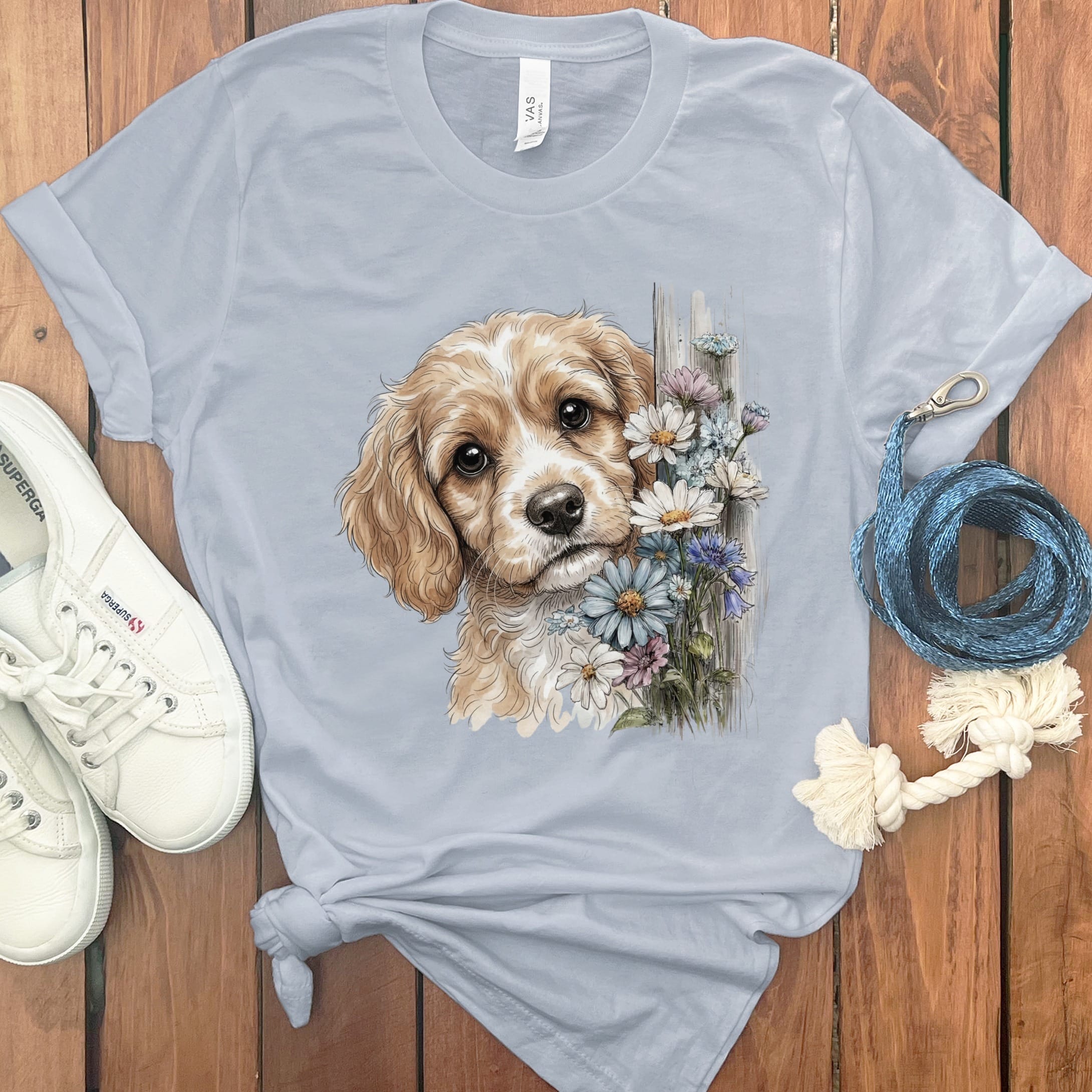 Cavapoo Daisy Peeking T-Shirt in Light Blue / S by Puppy Jo