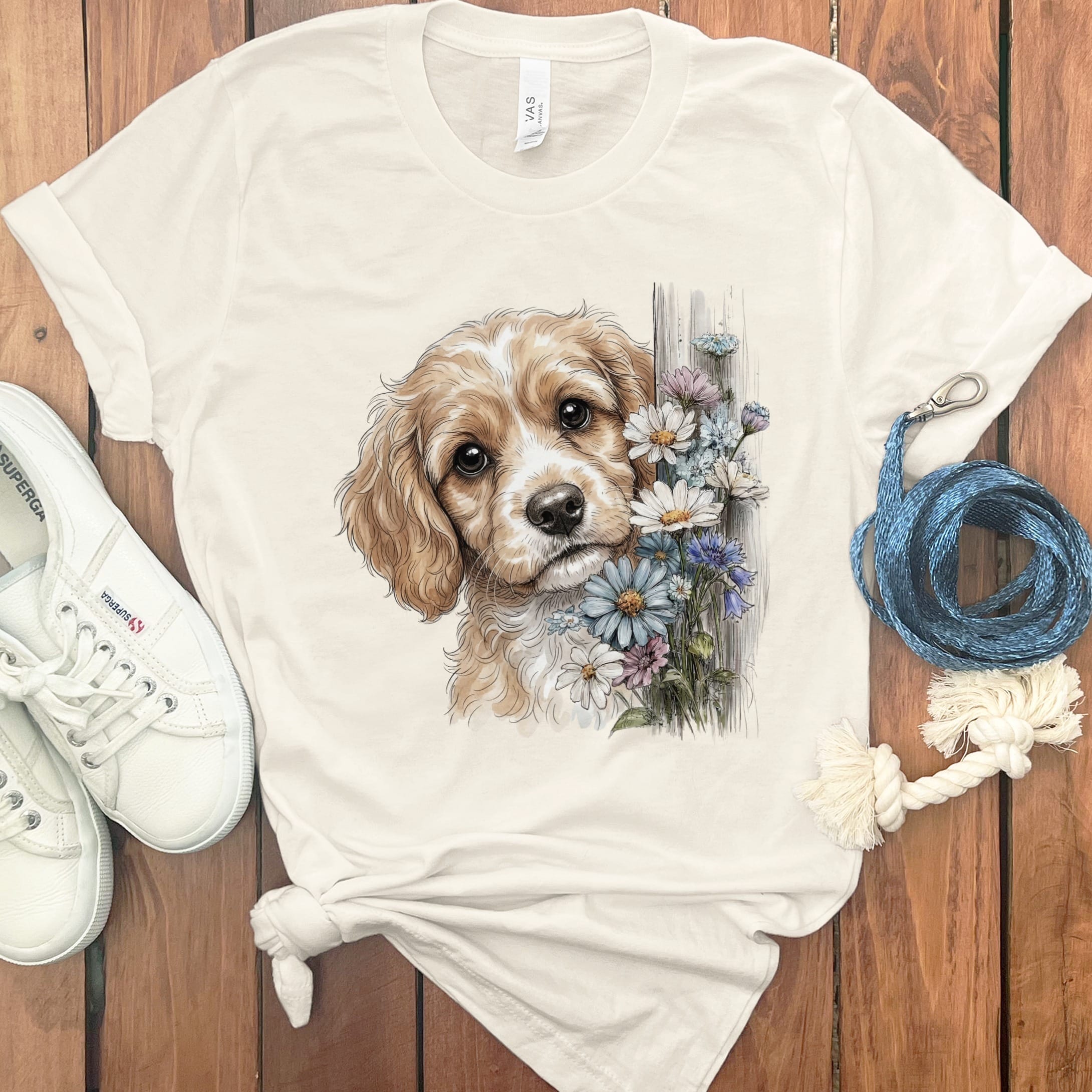 Cavapoo Daisy Peeking T-Shirt in Natural / S by Puppy Jo