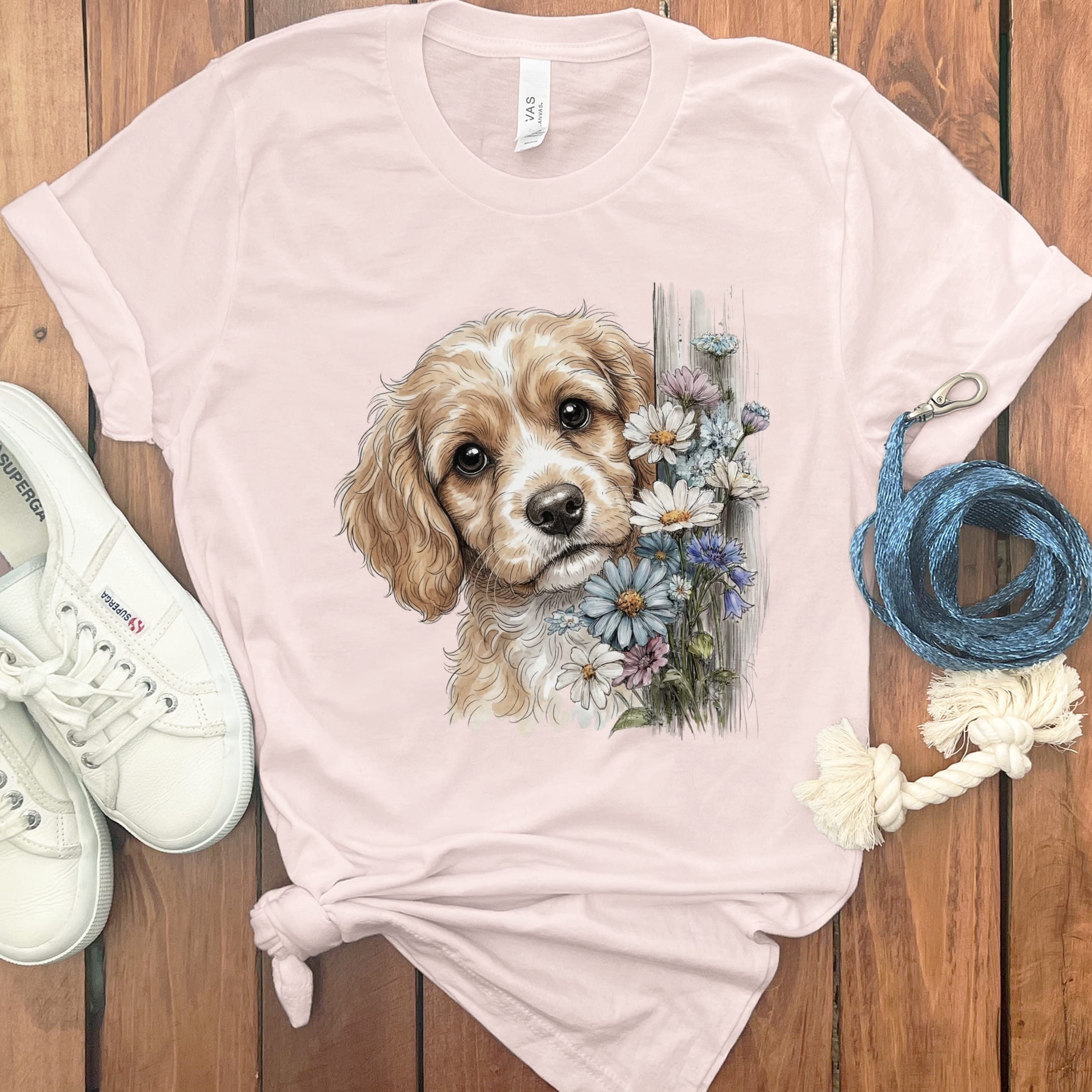 Cavapoo Daisy Peeking T-Shirt in Soft Pink / S by Puppy Jo