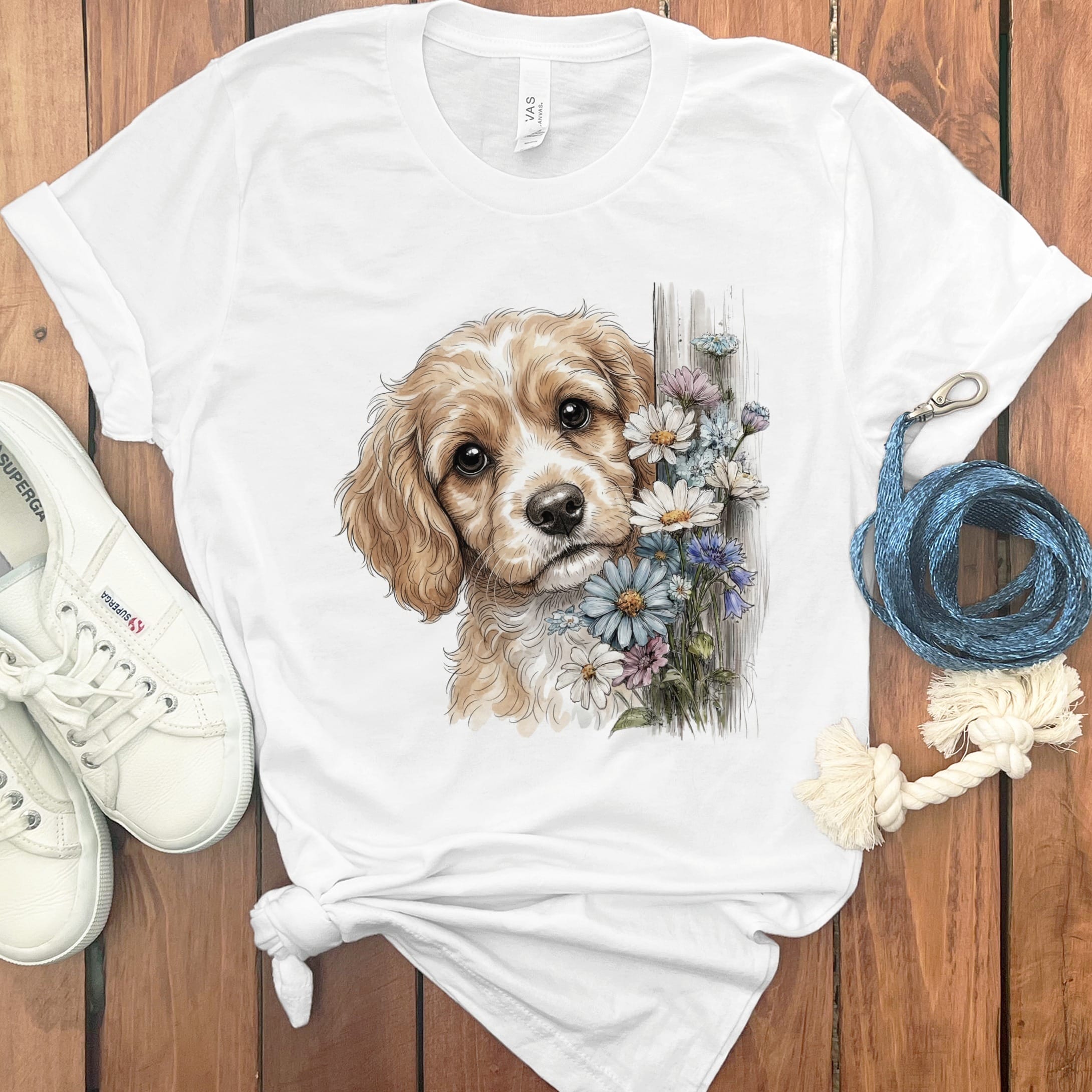 Cavapoo Daisy Peeking T-Shirt in White / S by Puppy Jo