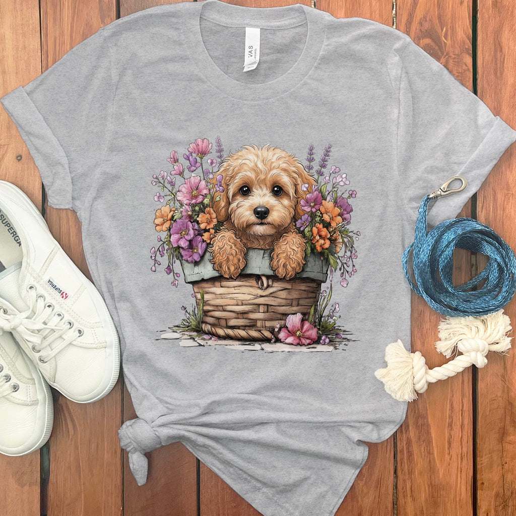 Cavapoo Floral Basket T-Shirt in Athletic Heather / M by Puppy Jo