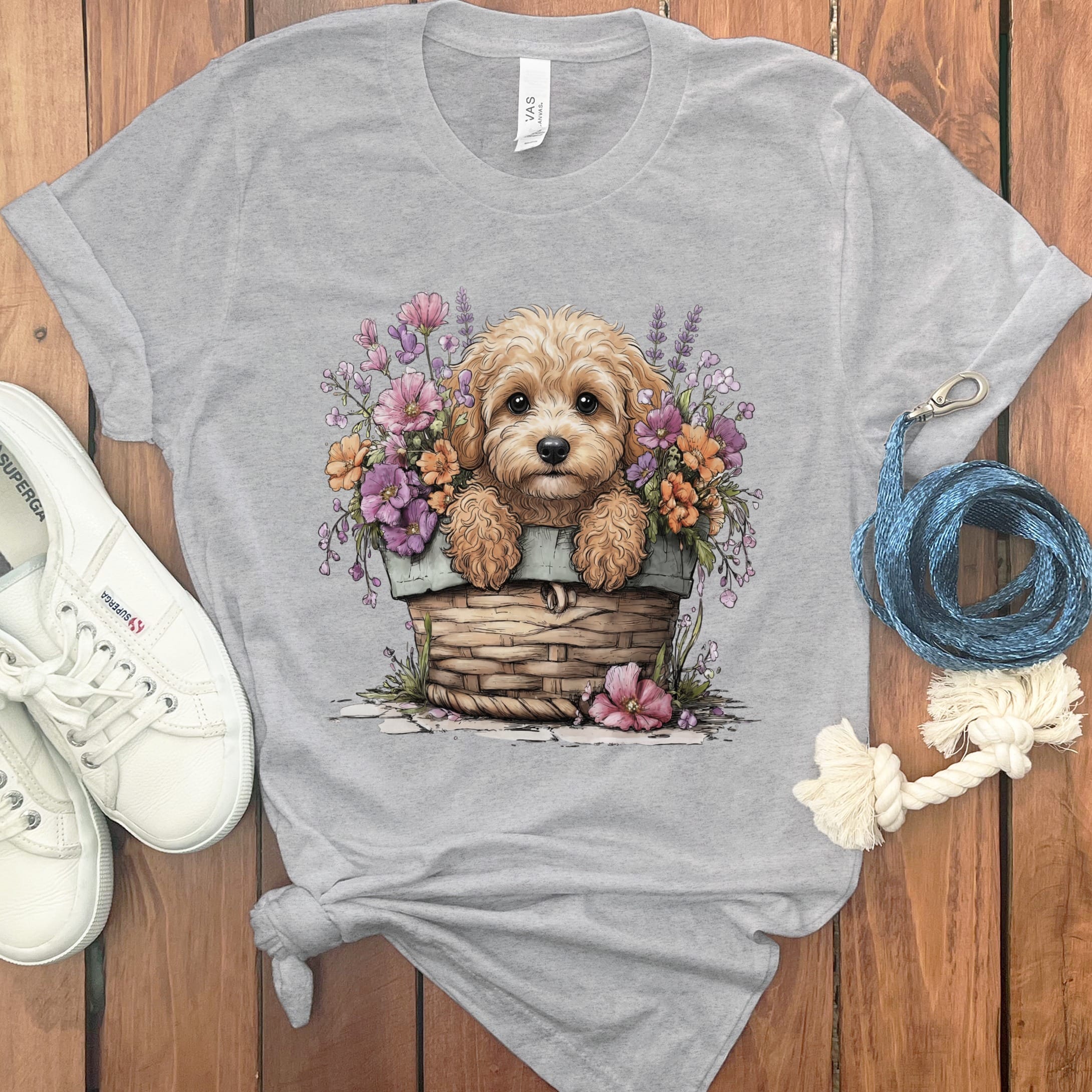 Cavapoo Floral Basket T-Shirt in Athletic Heather / M by Puppy Jo