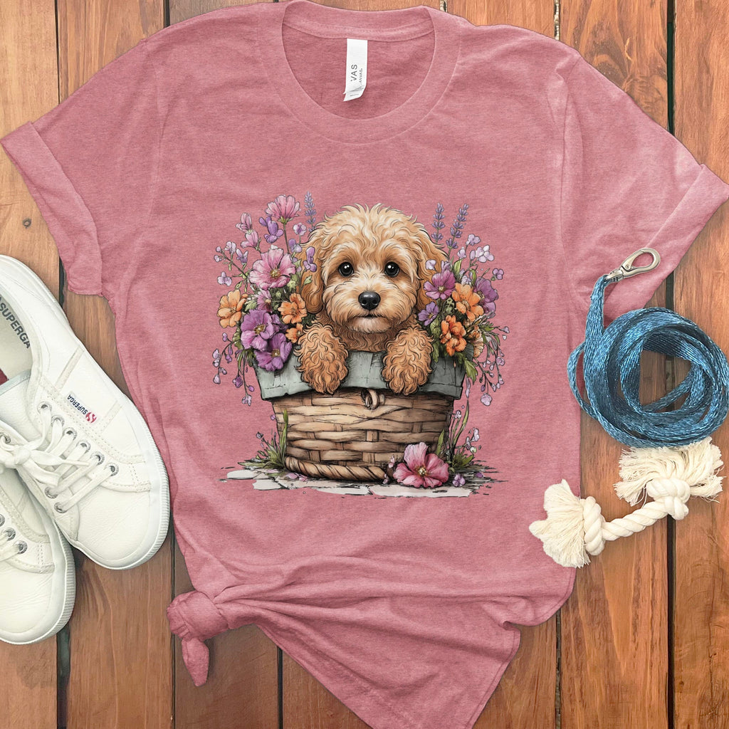 Cavapoo Floral Basket T-Shirt in Heather Mauve / M by Puppy Jo